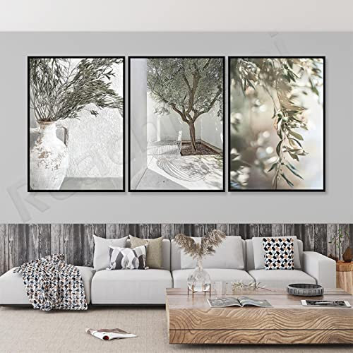 Olivenbaum, Olivenzweigdruck, mediterrane Wandkunst, botanischer Druck, minimalistischer moderner Stil, Gourmet-Dekorposter 50 x 70 cm x 3 Rahmenlos
