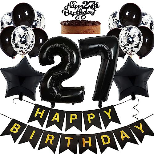 Feelairy Geburtstagsdeko 27 Jahre Frauen, Luftballon 27. Geburtstag Deko Männer, Schwarz Tortendeko Happy 27th Birthday Deko 27 Jahre Frau, Ballon 27. Geburtstag Mann Party Dekoration Set