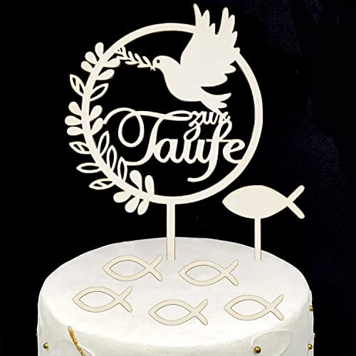 WANYIG 3 Stück Cake Topper Taufe Holz Tortendeko Meine Taufe Torten Topper Personalisiert Tortenstecker Tortenfigur Taube Fisch Kuchen Deko Party Dekoration für Junge Mädchen (#2)