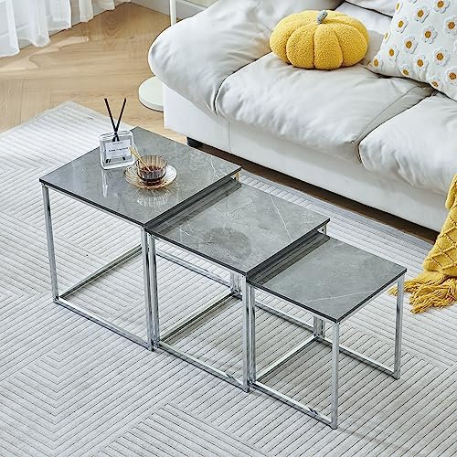 3er Set Verschachtelte Beistelltische Marmoroptik Nesting Couchtische Beistelltisch mit Metallgestell für Wohnzimmer Empfang Nachttische Stapelbar Beistelltische Lampentische (Grau Marmor)