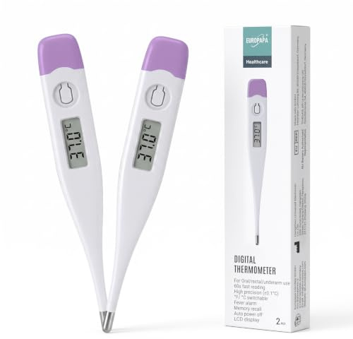 EUROPAPA 2 Stück Digitales Fieberthermometer für Babys, Kinder und Erwachsene, Thermometer für oral, axillar oder rektal, wasserdicht mit Fieberalarm (Lila)