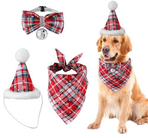 3 Stück Weihnachts Hunde Bandana Hut Fliege, Verstellbarer Roter Karierter Haustier Dreiecksschal Hunde Fliege mit Glöckchen Weihnachts Hundekostüm Zubehör für Haustiere und Katzen