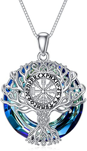 PROESS Lebensbaum Wikinger Halskette 925 Sterling Silber Kristall Baum des Lebens Kette Wikinger Anhänger Schmuck Geschenke für Damen und Herren