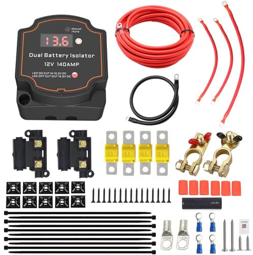 Heart Horse Spannungsempfindliches Trennrelais Relais-Kit, 12V 140A Dual-Batterie-Isolator-Kit Mmanueller/Automatischer Modus, geteiltes Laderelais-Kit mit 6 m Kabel für LKW, Wohnmobil, Boot