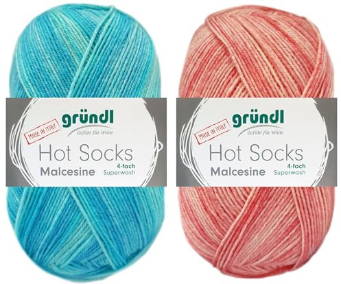 2x100 Gramm Gründl Hot Socks Malcesine (Sockenwolle aus 75% Schurwolle, 25% Polyamid (superwash) (Koralle + Pool)