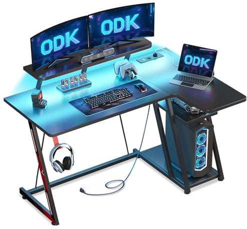 ODK Gaming Tisch mit LED Beleuchtung & Steckdosen, Gaming Schreibtisch L Form mit Ablagefläche, Eckschreibtisch mit Monitorständer, Computertisch PC Tisch Carbon Fiber Schwarz 120 cm
