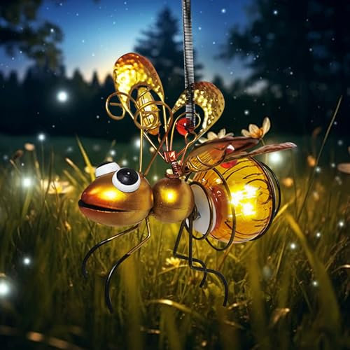 ACAREY Solar Gartendeko Biene Gartenfiguren Außen Lustig Eisen Biene Gartenstatuen, Led Figuren Draußen, mit Wasserdicht LED, Geschenke für Frauen, Deko für Garten Terrasse Home Balkon (Golden)
