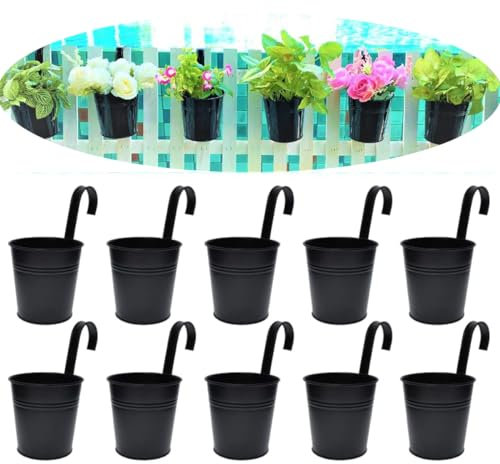 Aeetial Set of 10 Metal Hanging Flower Pots with Detachable Hook Balcony Flower Bucket Wall Planter Garden Home Ornaments Home Decor (Black)