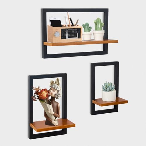hi-home Set mit 3 Wandregalen, Schwebende Regal für die Wand Deko, Hängeregale zur Wandaufbewahrung, Quadratische Bücherregal Wand, Wandregal Holz Hängeregal für Schlafzimmer, Wohnzimmer, Walnuss