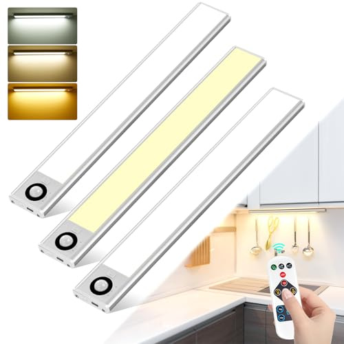 COTLEDL 3 Stück Unterbauleuchte Küche LED, Type-C Aufladbar Schrankbeleuchtung mit Bewegungssensor Innen Akku, 3 Farbmodi Dimmbar 30CM LED-Licht für Kleiderschrank Unterschrank Treppe