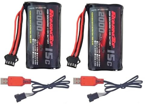 RoaringTop 7.4V 2000mAh 2S Lithium Ion Rechargeable Battery with SM-4P Plug, 2 USB Charging Cables for RC Vehicles, RC Climbing Vehicles and RC Boats