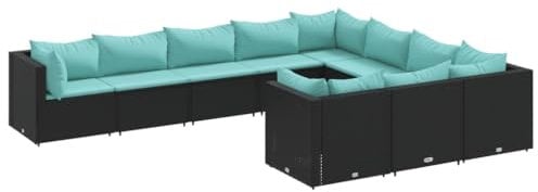 vidaXL Garten Sofa Garnitur 10-TLG., Gartenmöbel Set mit Kissen, Sitzgruppe für Garten Terrasse, Lounge Sitzgarnitur Modular, Schwarz Poly Rattan