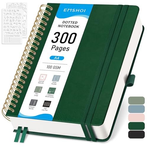 EMSHOI Bullet Dotted Journal Spiralnotizbuch, 300 Seiten, A4, Hardcover, Leder, 100 g/m² dickes Punktraster, Notizbuch für Damen und Herren, Arbeit, Schreiben, Bullet Journaling, Zeichnen, 21 x 28,4