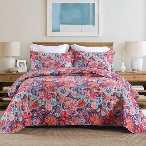 VISIMISI Baumwoll-Tagesdecke, Steppdecke, Wende-Bettwäsche-Set, Steppdecke, Paisleymuster, Bohemian-Tagesdecke, Bohemian-Rot, wunderschönes Muster, King-Size-Größe