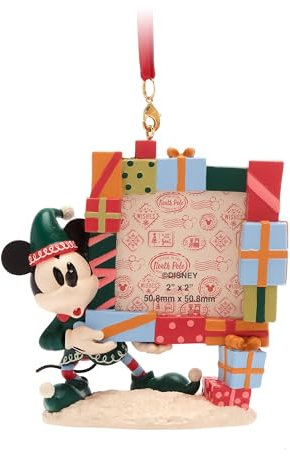 Disney Store Official Mickey Mouse Adorno Marco navideño, 10 cm', decoración navideña esculpida con Mickey Elfo sujetando un Marco de Fotos Funcional, Cinta para Colgar y Base Plana para exposición