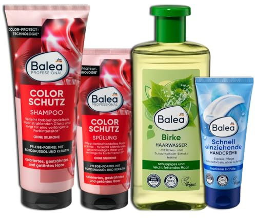 Balea 4er Set: Shampoo 250 ml und Spülung 200 ml Coloriertes Haar Ohne Silikone, Haarwasser Birke, 500 ml + Handcreme schnell einziehend, trockene Haut 100 ml