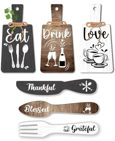 PH PandaHall Juego de 6 letreros decorativos de cocina, accesorios colgantes de madera, mini placa rústica, estilo de hogar