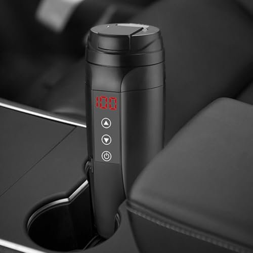 Taza de agua inteligente calentada de acero inoxidable 304 para automóviles, capacidad de 450 ml con ajuste de temperatura de pantalla táctil y voltaje dual (negro)