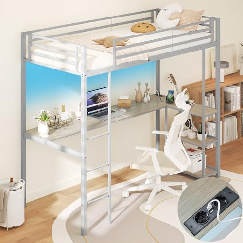 COSTWAY Lit Mezzanine Enfant 90 x 200 cm avec Bureau, Lit Superposé pour Enfants/Adolescents avec LED, Station de Charge et Rangement, Lit Métallique avec Garde-Corps de Sécurité et Échelle (Argent)