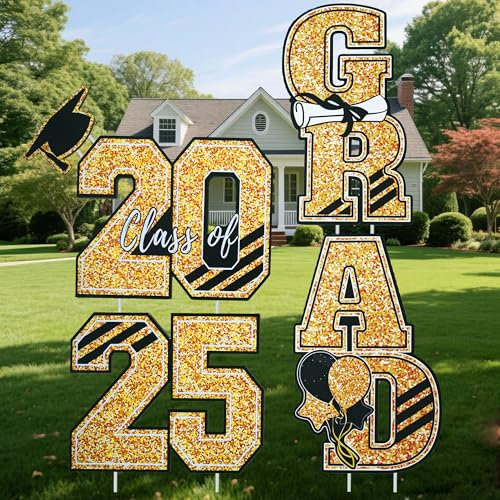 Abschlussdeko 2025 – XXL GRAD Rasenschilder & Fotohintergrund, wetterfest & schnell aufstellbar, für Garten, Rasen & Outdoor Party, Gold Abschlussfeier Dekoration Set