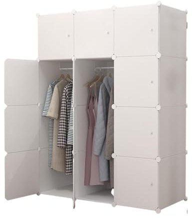 𝗔𝗿𝗺𝗮𝗿𝗶𝗼 𝗠𝗼𝗱𝘂𝗹𝗮𝗿, Estantería de Módulos, Organizador Modular de Ropa Ropero para Hogar, Estante de Almacenamiento para Dormitorio, 12 Módulos, 2 Barras, 140x105 cm, Color Blanco