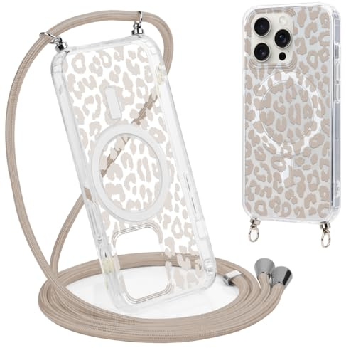 Coalbooliy Handykette Handyhülle für iPhone 15 Pro Hülle 6,1 mit Band Cover Kompatibel mit Magsafe, Transparent Aesthetic Leopard Muster Cover mit Kordel zum umhängen Case Stoßfest, 01