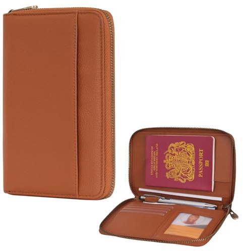 WASON Leder Reisepass Brieftasche mit Reißverschluss RFID Blocker Schutzhülle, Passport Etui mit Fächern für Karten, Bargeld, Ausweis, Bordkarte und Tickets für Reisen (Braun)