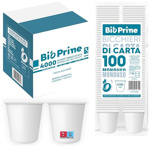 BioPrime - 4000pz - Bicchieri Acqua in Carta 200ml - Bicchieri 200ml Biodegradabili - Per Bevande Calde, Acqua e Bibite - Bicchieri Usa e Getta.