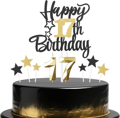 Black Gold 17th Birthday Candles Cake Toppers Set,17th Birthday Decorations for Boy,Golden Number 17 Candle for Cake,Gold Candle Black Star Cupcake Toppers for Girls Boys Birthday Party Supplies