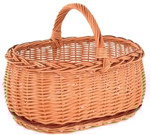 Aqbau® Einkaufskorb groß geflochten 47 x 35 x 33 cm Natural Henkelkorb, Weidenkorb, Tragekorb mit henkel, Pilzkorb, Picknickkorb, Handgeflochten, Flechtkorb