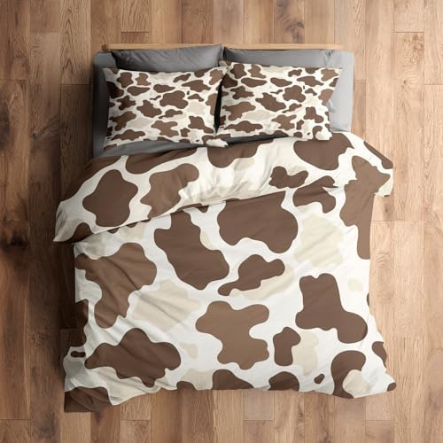 Generisch Bettwäsche Kuhflecken 135x200, Braun Beige Weiß Kuhmuster Motiv Wendebettwäsche & Deko, Weiche Microfaser Bettbezug mit Reißverschluss und 1 Kissenbezug 80x80, 2tlg - ASD12152
