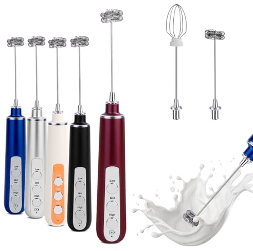 Mousseur à lait électrique à main, rechargeable par USB, 1 tête de moussage de lait, 1 tête d'agitation, convient pour matcha, café, latte, cappuccino, chocolat chaud (rouge)