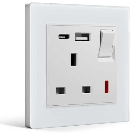 BSEEDLIFE Single Switched Wall Socket,Electric Plug Socket Outlets with 20W USB/USB-C,13 A,Glass Panel Outlet Compatible with 3 Pin UK Standard Plug,86mm White