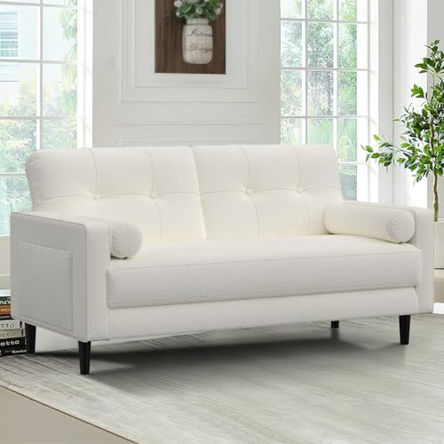 Aotumm Ciort 2 Seater Sofa, Thick Cushions,2 Pillows & Pockets (Soft Beige) | Comfy Linen 2 Seater Sofa Couch, 2 Pillows & Side Pockets Storage, Ergonomic Design, Easy Assembly for Living Room, Office