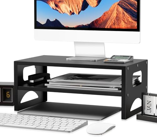Pholiten Monitorständer aus Metall mit Ablagefach, 18 cm ergonomische Höhe, 30 kg Tragkraft, Schreibtisch-Organizer fürs Homeoffice mit Kabelmanagement, Schwarz