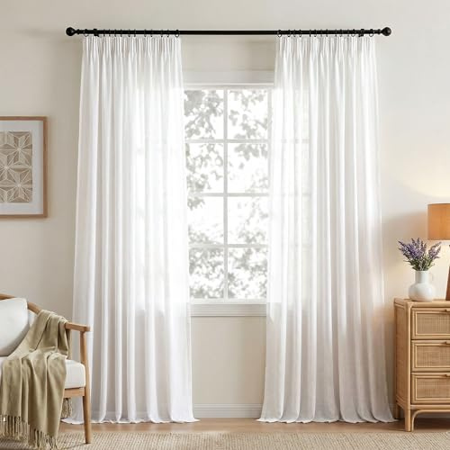 Leinenvorhang mit Kräuselband Weiß-Vorhänge 260 cm Lang für Raumteiler Balkontür Wohnzimmer Modern Landhaus Schrank Schlafzimmer mit Haken Halbtransparent Lichtdurchlässig Gardine Boho Deko 2er set