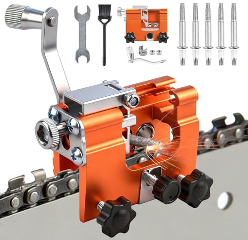 Chainsaw Sharpener Jig Kit, Portable Chain Saw Sharpener Tool with 5 Sharpening Steels, Hand Crank Chainsaw Sharpening Tool Accessories for 4-22 Chain Saw, Garden Worker