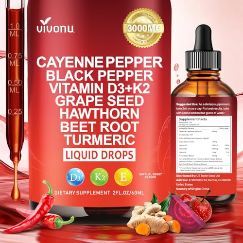 VivoNu Cayenne Pfeffer Tropfe | 3000 mg/Tag | Vitamin D3, K2, E – unterstützt Herz, Venen, Energie & Verdauung 60ml