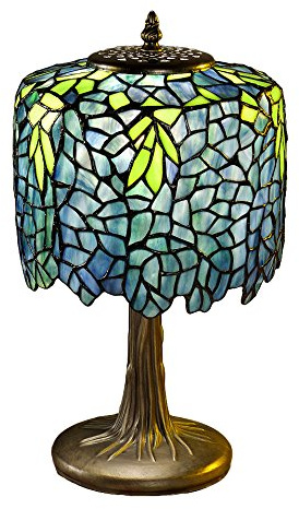 Tiffany-Stil Lampe|Tischlampe Buntglas 'Blue Wisteria' ca. 23x40cm | Tiffanylampe-Reproduktion aus echtem Tiffanyglas|Buntglaslampe Blauregen-Motiv|Wohnzimmer-Schreibtisch-Nachttisch-Büro