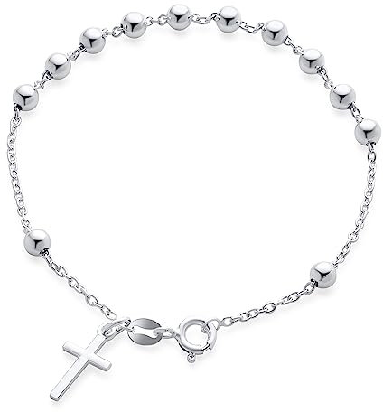Bling Jewelry Dünne Einfache Religiöse Gebet Ball Perlen Kreuz Rosenkranz Armband Für Frauen Für Teenager .925 Sterling Silber