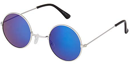 Ultra Silber mit Blauen Gläsern Klassische runde Unisex-Sonnenbrille – UV400-Schutz, Federscharniere, Leichtes Design für Damen und Herren – Klein Runde Sonnenbrille im Retro-Stil UVA UVB