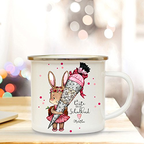 Geschenke Einschulung Federtasche Tasse Emaillebecher Thermobecher Mason Jar Trinkglas Kissen oder Waschtasche mit Häschen Schultüte & Name Wunschname pb03 - *Emaillebecher*