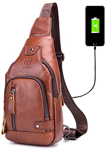 BULLCAPTAIN Genuine Leather Sling Bag with USB Charging Port Multi-pocket Chest Bag for Men Hiking Travel Daypack XB-129(Brown)
