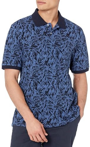 Amazon Essentials Men's Regular-Fit Cotton Pique Polo Shirt (Available in Big and Tall), Indigo Palm Leaf Print, XS