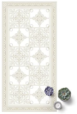 Vinyl-Teppich - Florales Fliesenmuster Sand mit Bordüre, 100 × 50 cm, Vinyl