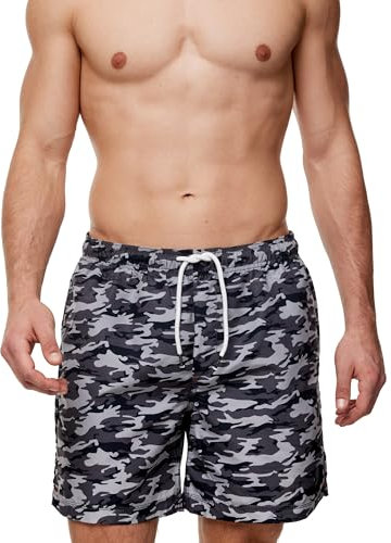 Indicode Herren Ferguson Badehose mit 3 Taschen und Tunnelzug | Badeshorts für Männer Dired Camouflage, S