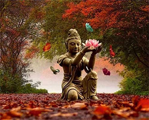 Meecaa Malen nach Zahlen Buddha Lotus Schmetterling Kit für Erwachsene Anfänger DIY Ölgemälde 40,6 x 50,8 cm (Buddha, kein Rahmen)