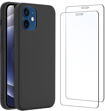 NEW'C Coque pour iPhone 12 Mini Silicone Ultra Fine Noir et 2 × Verre trempé pour iPhone 12 Mini Film Protection écran