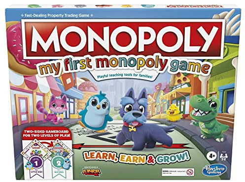 Mein erstes Monopoly-Spiel, Brettspiel für Kinder ab 4 Jahren, 2-seitiges Spielbrett, spielerisches Lehrwerkzeug für Familien, mehrfarbig