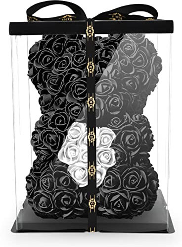 NADIR Orsetto di rose con confezione regalo, regalo di compleanno per donne, regalo di compleanno, anniversario, rose, orsacchiotto (nero, 25 cm)